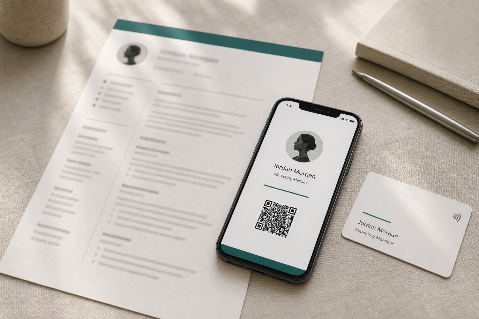 Transvia digital business card, resume, and QR on a desk